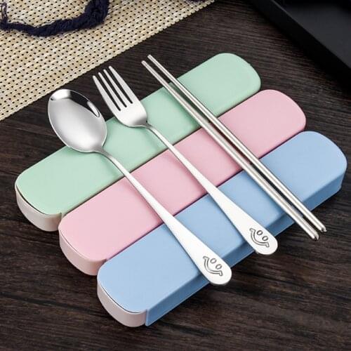 Stainless Steel Tableware Set Outdoor Travel Smiley Face 3-piece Spoon Fork Chopsticks Creative Cute Portable Dinnerware Set
