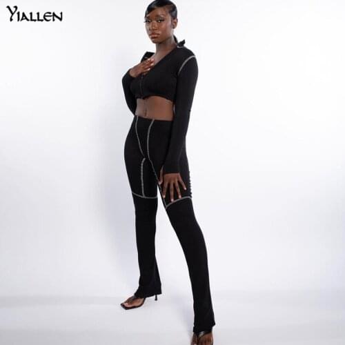 Yiallen Autumn Streetwear Striped 2 Two Piece Sets Tracksuit Womens Fitness Outfits Zipper Crop Top Long Pants Sets Female Hot