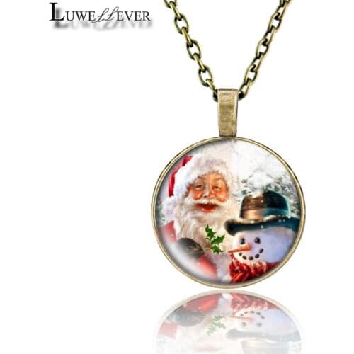 Santa Claus Necklace 652 25mm Bronze 30mm Wood Rhinestone Double-sided Moon Round Glass Pendant For Women Gift