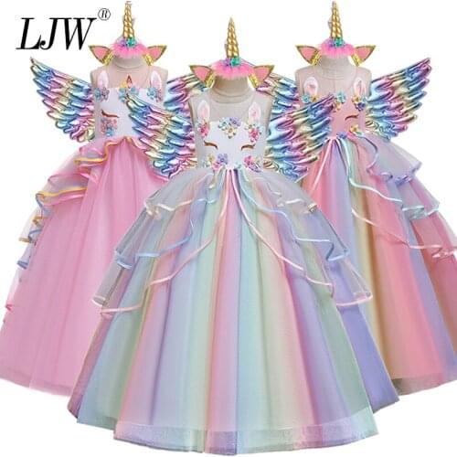 Unicorn Kids Girls Flower Dress fantasy cosplay Party Girl Dress Ball Gown Prom Formal Maxi Dress 3-14y teen dresse