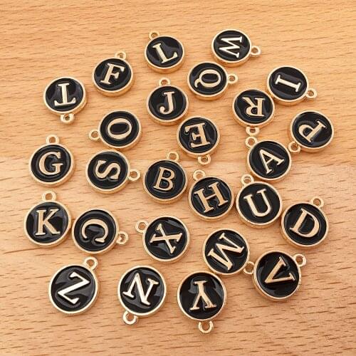 10pcs/lot Black Round Shape Gold Plated Enamel A-Z Alphabet Charms Pendant for DIY Bracelets Jewelry Making Findings
