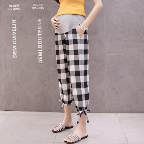 Pregnant Womens Casual Pants Spring and Summer Nine-point Pants Season Thin Casual Loose Fashion Plaid Tide Mom Pants