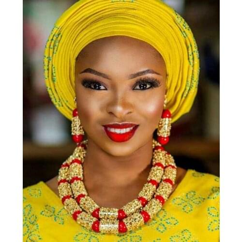 Luxury Dubai Gold Bold Statement Necklace Jewelry Set Red African Beads Wedding Nigerian Costume Jewellery Set WE182
