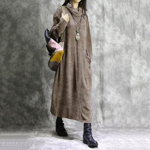 Vintage Corduroy Dress Women Turtleneck Sundress ZANZEA 2021 Casual Long Sleeve Pullovers Autumn Female Solid Pockets Robe Femme