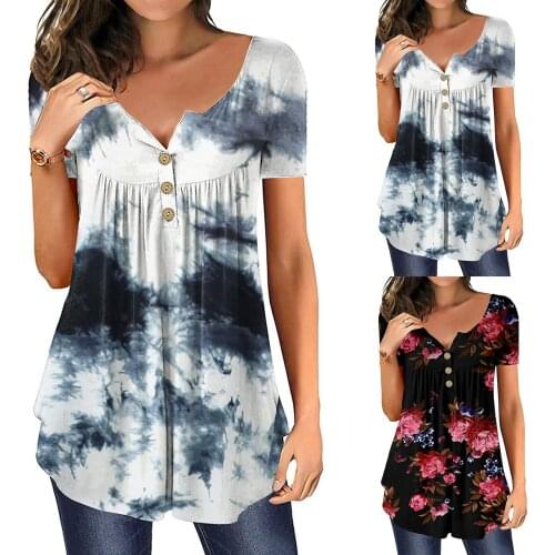 Women Tie Dye Gradient Print T Shirt Short Sleeves O-neck Button Top Plus Size Female T Shirts Casual Tops Summer 2021 #T1Q