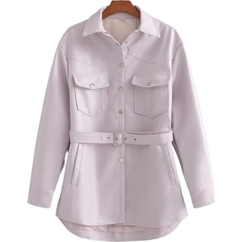 Nice Casual Woman Loose Purple PU Sashes Coats Spring Autumn Fashion Ladies Leather Outerwear Female Chic Oversized Jackets