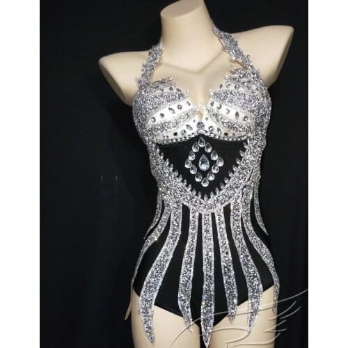 Female Singer Dj Costumes Black Stretch Rhinestone Bodysuit Short One-Piece Tassel Gloves Stage Costume Festival Outfits DN7305