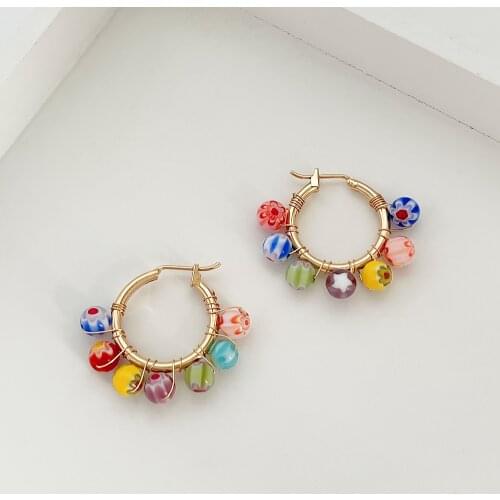 Minar Bohemian Rainbow Bright Beaded Earring Colorful Coloured Glaze Beads Hoop Earrings for Women Summer Holiday Beach Jewelry