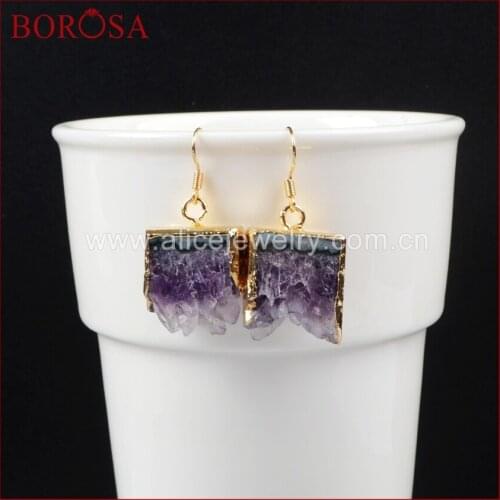 BOROSA Drusy Dangle Earrings for Women Gold Color Natural Raw Purple Crystal Druzy Slice Natural Amethysts Drop Earrings WX014