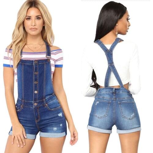 Ripped Jeans Jumpsuit Women 2021 Fashion Sleeveless Single-breasted Denim Overalls Shorts Woman Sexy Butt Lift Denim Playsuit