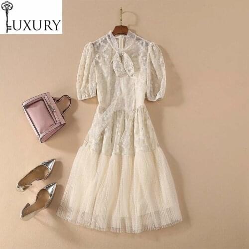 Womens 2020 Summer Princess Ladie Bow Collar Luxurious Golden Mesh Embroidery Ruffle Patchwork Short Sleeve Dress Club