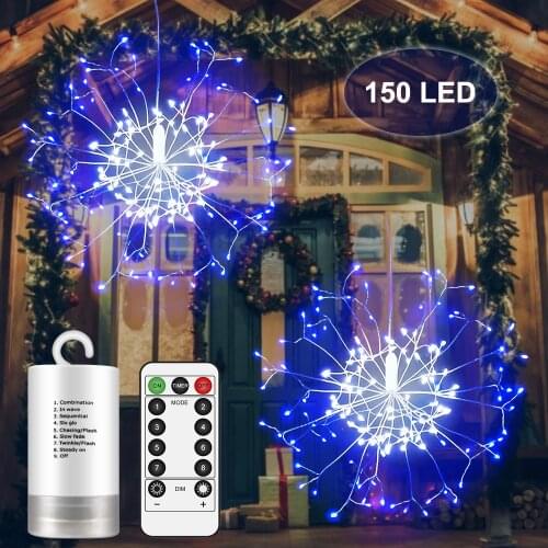 2pcs/set Firework Copper Lights 8 Modes Dimmable String Fairy Lights with Remote Control Hanging Starburst Lights for Home Decor