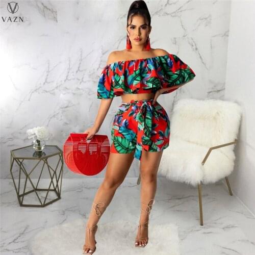 VAZN 2021 Early Autumn Retro Print Chiffon Slash Neck Short Sleeve Short Pants Sexy Young High Waist Slim Women 2 Piece Set
