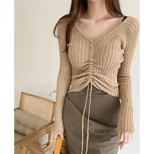 2021 temperament thin slim-fit drawstring long sleeves V-neck knit sweater slimming bottoming top thin sweater women