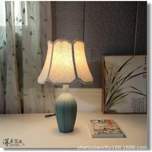 Free Shipping Retro Ceramic Table Lamp Beside Lamp For Living Room Study Bedroom Bedside Lamp Embroidered Fabric Table Lamp