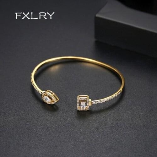 FXLRY New Design White/Gold color Micro Inlay Shiny Cubic Zircon Adjustable Bangles for Women Girls Wedding Fashion Jewelry Gif