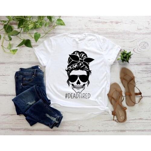 Skull Mom Life T-Shirt Tired Mom Life Women 100% Cotton Harajuku Funny Graphic Female Clothing O Neck Tshirts Streetwear y2k
