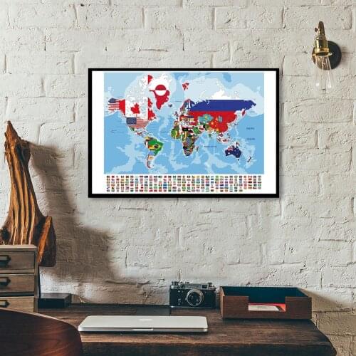 A1 Size The World Map with National Flags Decorative Canvas Painting Wall Art Poster Classroom Home Decor School Supplies