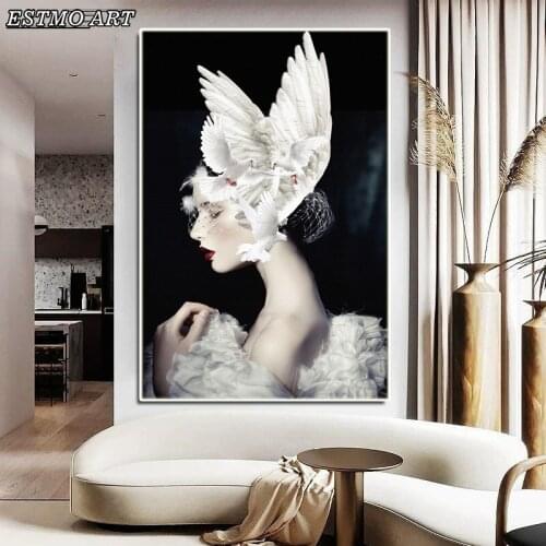 Canvas Painting Abstract Cuadros Wall Art Posters Girl with White Pigeon Art Picture for Living Room Decoration Wall Pictures