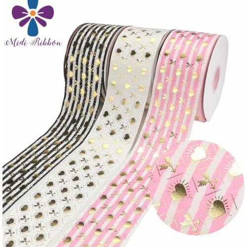3 "75mm Valentines Day Series Gold Cupid Love Printing Holographic Grosgrain Ribbon Festival DIY Decoration 50 Yards / Roll
