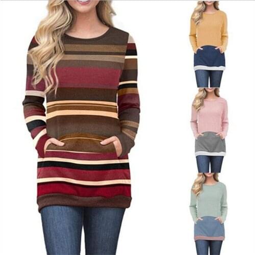 Tissbely Hot 2018 Autumn Winter Fashion Striped and Solid Pocket Blouse Hoodie Casual O Neck