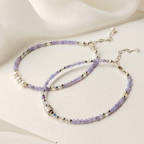 Lii Ji Tanzanite Pearl Austrian Crystal Platinum Plated Bracelet Natural 2mm Stone Handmade Jewelry For Women Gift