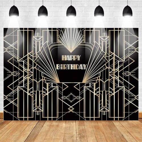 MOCSICKAGatsby Birthday Backdrop Retro Great Gatsby Photography Backdrop Happy Birthday Black Gold Photo Background Party