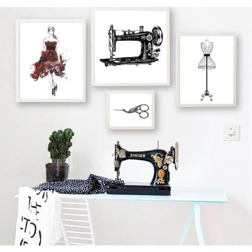 Fashion Sewing Machine Wall Art Poster Model Mannequin Canvas Painting Pictures and Prints for Vintage Room Decor