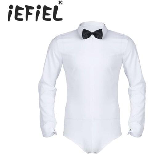 IEFiEL Mens Long Sleeve Zipper Solid Color Latin Modern Dance Shirt with Bowtie One-piece Romper Shirt Male White Tuxedo Shirt