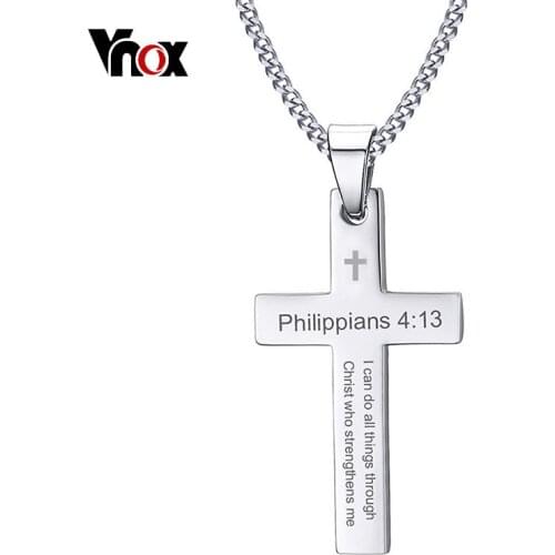 Vnox Philippians 4:13 Simple Cross Pendant for Men Necklace Stainless Steel Casual Religious Faith Jewelry Male Bijoux 24" Chain