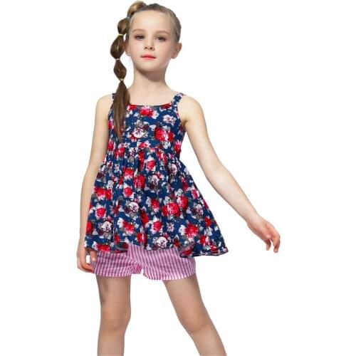 2021 Summer New Girls Clothes Set Kids Sleeveless Floral Print Tutu Dress Tops With Shorts Outfits Princess Children Clothing