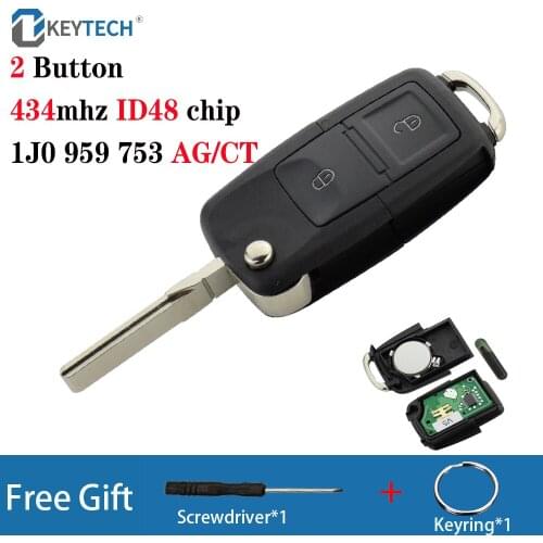 OkeyTech 2 Button 434MHz Folding Car Remote Key For VW Golf 4 5 Passat b5 b6 polo Touran Flip Key ID48 Chip 1 JO 959 753 AG/CT