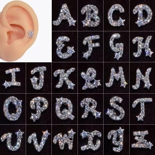 1PC Surgical Steel Ear Tragus Cartilage English Letter of the Alphabet Zircon Stud Ear Cartilage Helix Earrings Fashion Jewelry