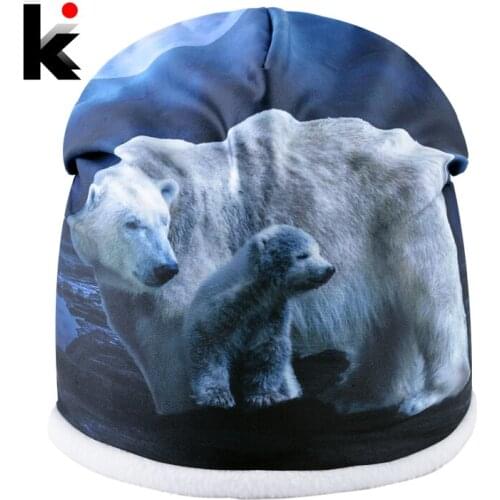 Winter Beanie Hats For Women Men Plus Velvet Warm Skullies Beanies Fashion Polar Bear 3D Printing Hat Unisex Bone Caps Male