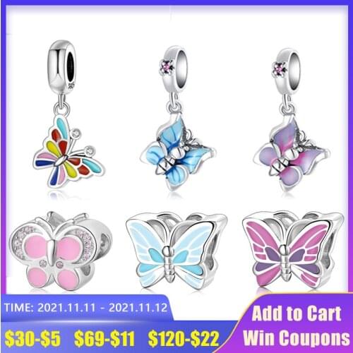 925 Sterling Silver Seven colored beautiful Flying butterfly Charm Pendant Jewelry making Fit Original AGATA Charm Bracelet