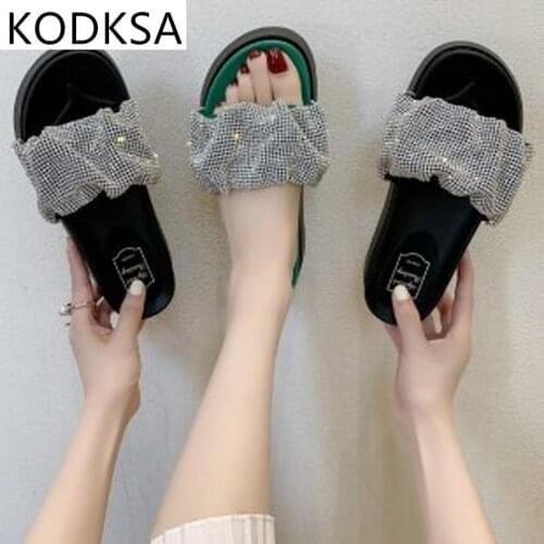2021 New Korean Version Of Fairy Style Daily Wear Slippers Female Summer Outside Wear Square Rhinestone Word
