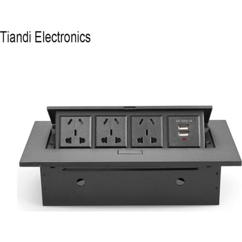 Office desk hidden outlet 3-bit universal five holes power zinc alloy pop up black right angle tabletop socket with USB charging