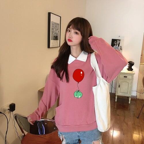 Kawaii Frog Hoodie Balloon Pullover Oversized Harajuku Sweatshirt Winter Cotton Sweatshirts Sweet Turn-down Collar Kpop Clothes