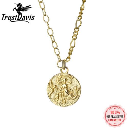 PrinSis Real 925 Sterling Silver Gold Round Coin Clavicle Chain Necklace For Women Wedding Party Fine Jewelry Gift DA1616