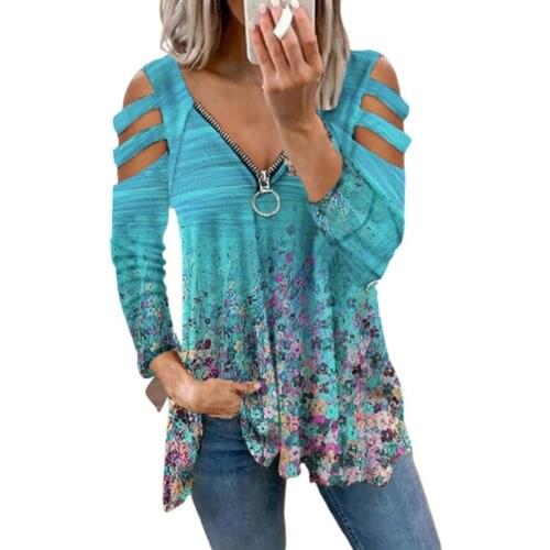 Oversize T-Shirt Women Long Sleeve Floral Print V Neck Autumn Zipper Off Shoulder Loose Casual T Shirts Elegant Tops