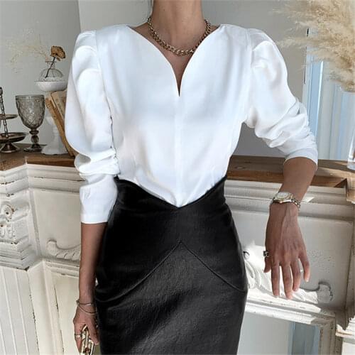 Alien Kitty White Solid V-Neck Office Lady Brief Stylish 2021 Femme Prom New Clothe Women Puff Sleeves OL Streetwear Blouses