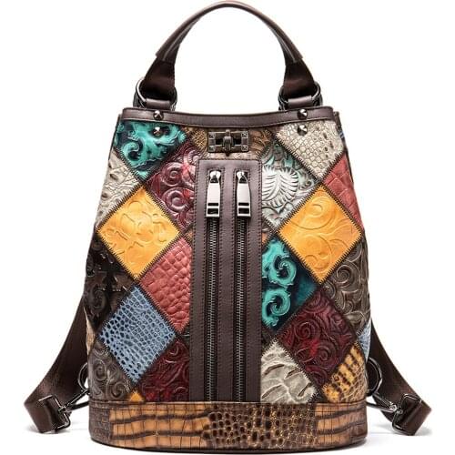 2021 Spring Retro Genuine Leather Bagpack Patchwork Color Backpack Handmade Cowhide Large Capacity Women Backpacks Travel Bags