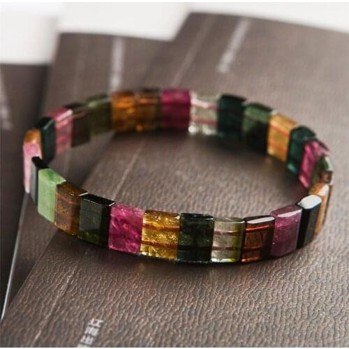2018 Newly Top Quality Natural Colorful Tourmaline Stone Rectangle Beads Bracelet AAAAA Fashion Women Men Crystal Stone Bracelet