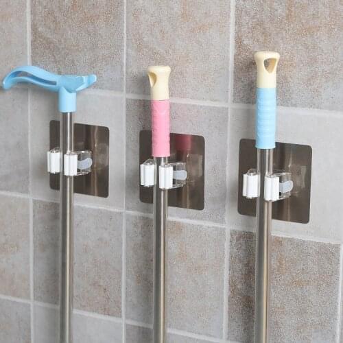 3Pcs Wall Mounted Type Room Organizer Holder Rack Self Sticking Broom Hanger Hook Bathroom Mops Storage Racks PP Cleaning Tools