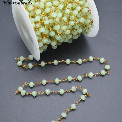 10 Meters Anti-Rust Gold Color Wire Linked 2X4mm / 4x6mm Faceted Cyan Color Glass Rondelle Beads Chains
