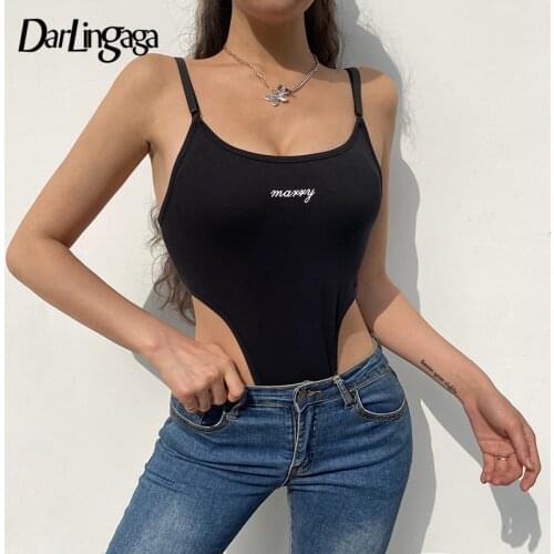 Darlingaga Strap High Waist Cut Black Summer Bodysuit Women Fashion Backless Sexy Body One Piece Letter Skinny Bodysuits Top New