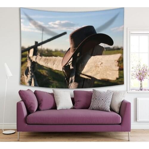 Tapestry Wild West Leather Cowboy Hat on Fence nice Weather Blue Sky Green Grass Country Life Photo Printed