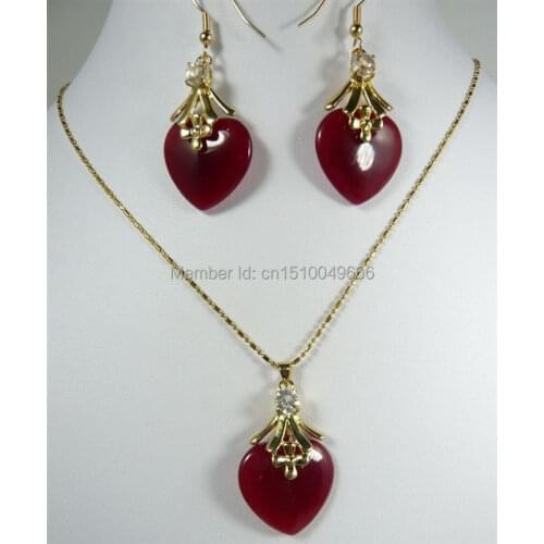 Hot sale FREE SHIP>>>>Beautiful gold plate red STONE pendant necklace earrings set