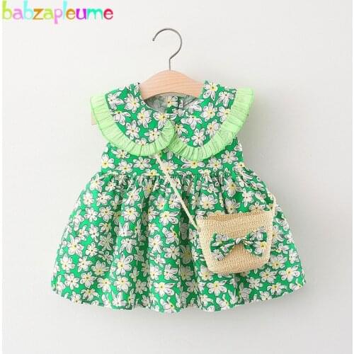 2Piece Summer Baby Dresses Little Girls Clothing Set Fashion Cotton Flowers Princess Cute Beach Dress+Bag Newborn Clothes 2031-1