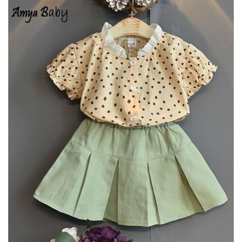 Amya Baby Girl Outfit Set Polka Dot Tops Skirt 2pcs Fashion Children Clothing School Girls Summer Outfits Kids Suit